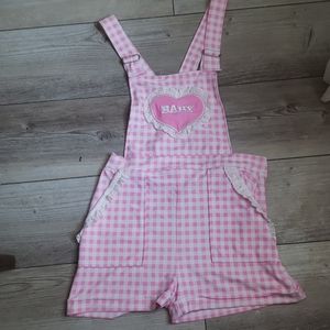 Pink gingham short overalls